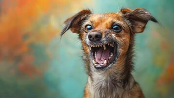 kiekendief, boos hond baren haar tanden, studio verlichting pastel achtergrond foto