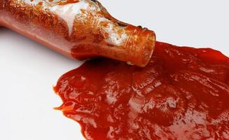 tomaat saus . een glas fles met ketchup en een plas van ketchup gemorst in de omgeving van het. foto