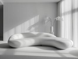 een weelderig gezwollen gebogen bank, belichaming van luxe en comfort, ankers een minimalistische modern leven kamer, haar uitnodigend curves contrasterend prachtig met de strak. foto