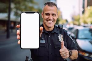 Politie tonen blanco wit scherm smartphone met duim omhoog teken Bij straat foto