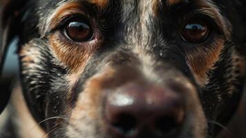 een dichtbij omhoog van een honden gezicht met groot ogen foto