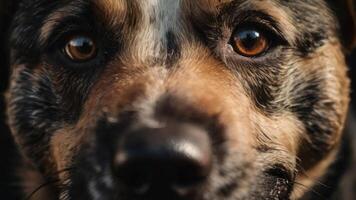 een dichtbij omhoog van een honden gezicht met groot ogen foto