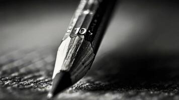 een dichtbij omhoog van een potlood Aan een tafel zwart en wit foto
