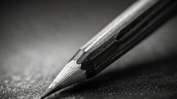 een dichtbij omhoog van een potlood Aan een tafel zwart en wit foto