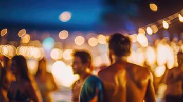 onscherp mensen is hebben een strand partij Bij nacht in de zomer evenement festival vakantie Aan een wazig achtergrond foto