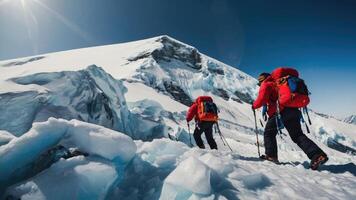 groep van wandelaars trekking de besneeuwd top van monteren Everest foto