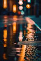 een straat Bij nacht met lichten en reflecties foto
