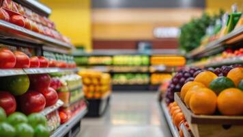 supermarkt op te slaan schappen met fruit en groenten met wazig achtergrond foto