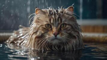 ai gegenereerd nat kat gedurende bad in de kuip foto