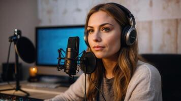 ai gegenereerd een vrouw podcaster in een studio met hoofdtelefoons Aan foto