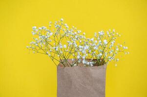 ambacht pakket met gypsophila bloemen Aan een helder geel achtergrond. visie van bovenstaande. kopiëren ruimte foto