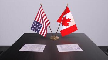 Canada en Verenigde Staten van Amerika Bij onderhandelen tafel. bedrijf en politiek 3d illustratie. nationaal vlaggen, diplomatie overeenkomst. Internationale overeenkomst foto