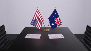 Australië en Verenigde Staten van Amerika Bij onderhandelen tafel. bedrijf en politiek 3d illustratie. nationaal vlaggen, diplomatie overeenkomst. Internationale overeenkomst foto