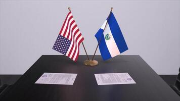 el Salvador en Verenigde Staten van Amerika Bij onderhandelen tafel. bedrijf en politiek 3d illustratie. nationaal vlaggen, diplomatie overeenkomst. Internationale overeenkomst foto