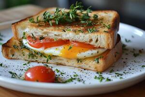 een panini naar herinneren, ei, tomaat, en kruiden in perfect eenheid foto