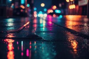 een nat straat Bij nacht met neon lichten foto