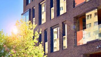 eco architectuur. groen boom en nieuw woon- gebouw. harmonie van natuur en moderniteit. modern appartement gebouw met nieuw appartementen in een groen woon- Oppervlakte. foto