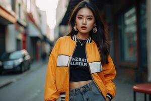 mooi vrouw in streetwear mode foto