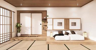 witte bank Japans op kamer Japan tropisch desing en tatami mat floor.3d rendering