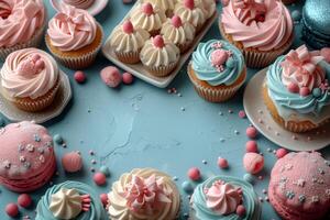 cupcakes met wervelingen van glimmertjes en divers decoraties minutieus geplaatst in de omgeving van een centraal blanco ruimte Aan een blauw oppervlakte foto