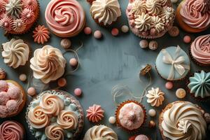 geassorteerd cupcakes en gebakjes elegant weergegeven met feestelijk decoraties foto