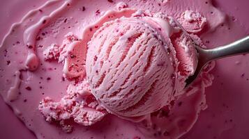 de perfect roze kolken van aardbei ijs room, een verrukkelijk traktatie naar genieten langzaam, cafe menu foto