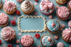 subtiel berijpt cupcakes en lekkernijen geregeld in de omgeving van een blanco middelpunt foto