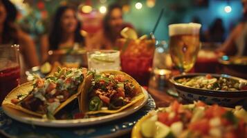 groep Bij tafel met borden van voedsel en drankjes Bij taco's partij foto