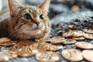 een kat is zittend Aan een stapel van goud munten. foto
