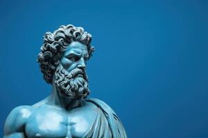 oude Grieks standbeeld van krachtig Hercules Aan blauw achtergrond. oude beeldhouwwerk van taille-hoog Mens met groot baard en spieren. banier met kopiëren ruimte foto