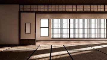 de kamer is ruim van opzet in de Japanse stijl en licht in natuurlijke tinten. 3D-rendering foto