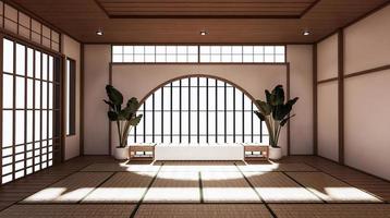 de kamer is ruim van opzet in de Japanse stijl en licht in natuurlijke tinten. 3D-rendering foto