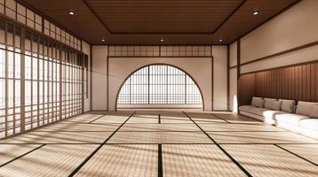 de kamer is ruim van opzet in de Japanse stijl en licht in natuurlijke tinten. 3D-rendering foto