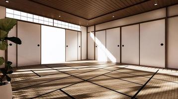 de kamer is ruim van opzet in de Japanse stijl en licht in natuurlijke tinten. 3D-rendering foto