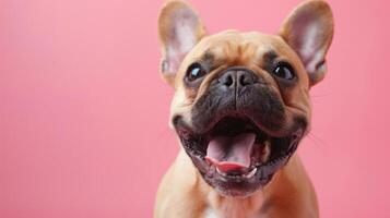 Frans buldog, boos hond baren haar tanden, studio verlichting pastel achtergrond foto