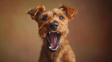 Iers terriër, boos hond baren haar tanden, studio verlichting pastel achtergrond foto