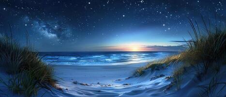 de foto shows een mooi strand Bij nacht