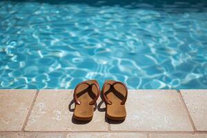 paar- van slippers links Bij de rand van zwembad, signalering zorgeloos zomer dag foto