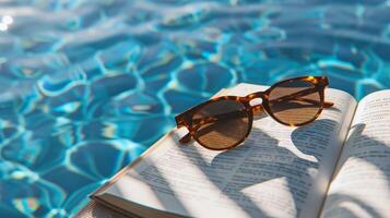 paar- van zonnebril resting Aan boek door de aan het zwembad, belichamend lui zomer dagen foto
