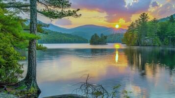 zonsondergang over- rustig meer, gieten warm gloed over- de water en omgeving landschap foto