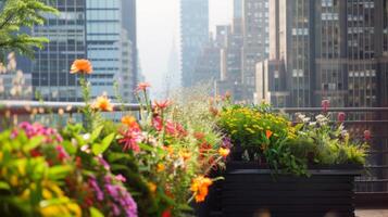 op het dak tuin oase in de hart van de stad, bloeiend met levendig bloemen en groen gebladerte foto