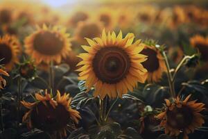 zonnebloem veld- uitrekken net zo ver net zo de oog zie, gouden seof bloemblaadjes zwaaiend in de zomer bries foto