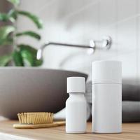 cosmetische product display badkamer interieur achtergrond. 3d illustratie foto