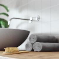 cosmetische product display badkamer interieur achtergrond. 3d illustratie foto