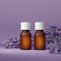 etherische olie fles mock-up. met lavendelbloem. lila paarse achtergrond. lichaamsverzorging en aromatherapie concept. 3D illustratie. foto