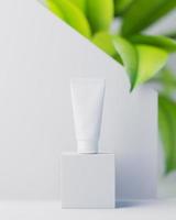 natuurlijke cosmetische crème, serum, huidverzorging blanco fles verpakking met bladeren kruid, hout. bio biologisch product.beauty en spa-concept. 3d illustratie foto