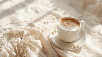 een cappuccino Aan een werk tafel in een boho-stijl kantoor foto