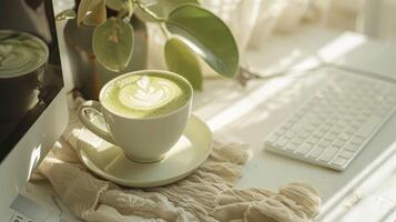 een matcha cappuccino Aan een werk tafel in een boho-stijl kantoor foto