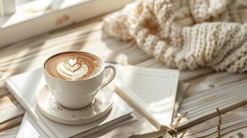 een cappuccino Aan een werk tafel in een boho-stijl kantoor foto