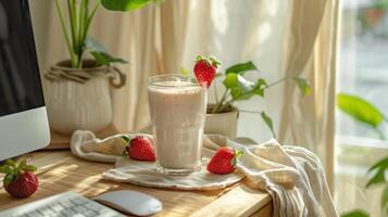 een fruit smoothie Aan een werk tafel in een boho-stijl kantoor foto